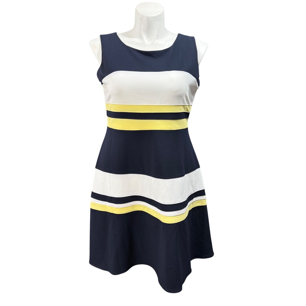Tommy Hilfiger Womens Navy Blue White Yellow Striped Fit Flare Dress 14 NWT